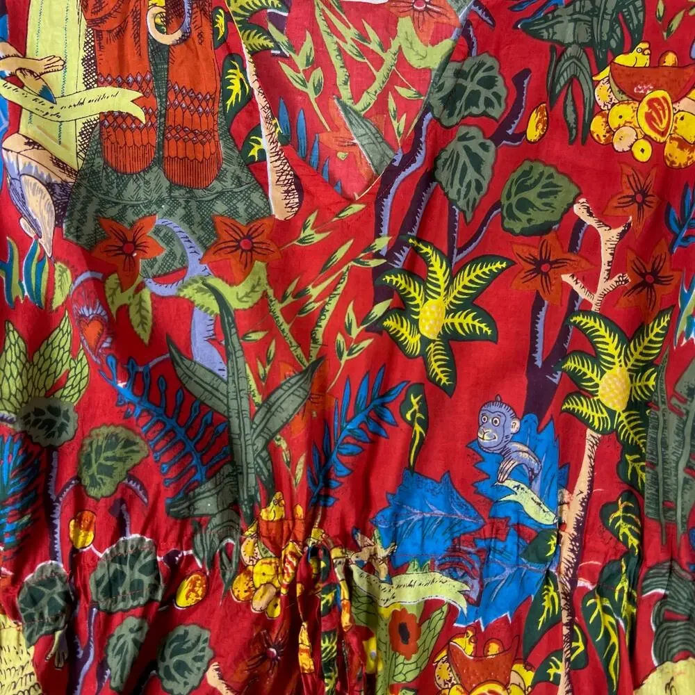 Frida Kahlo Print Kaftan Maxi Dress One Size Red Cotton Resort Caftan Cover Up - Picture 8 of 16